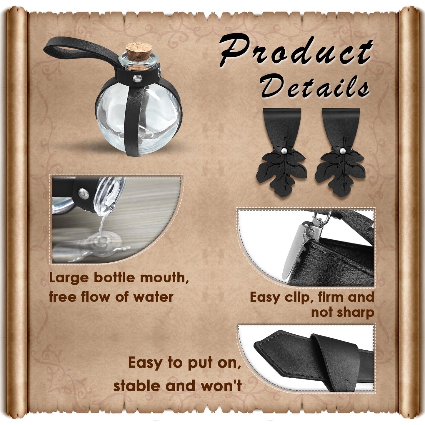 FunMular Renaissance Accessories Costume Women Belt Pouch Medieval Viking Potion Bottles Leather Belt Leaf Skirt Hikes (Black Set)