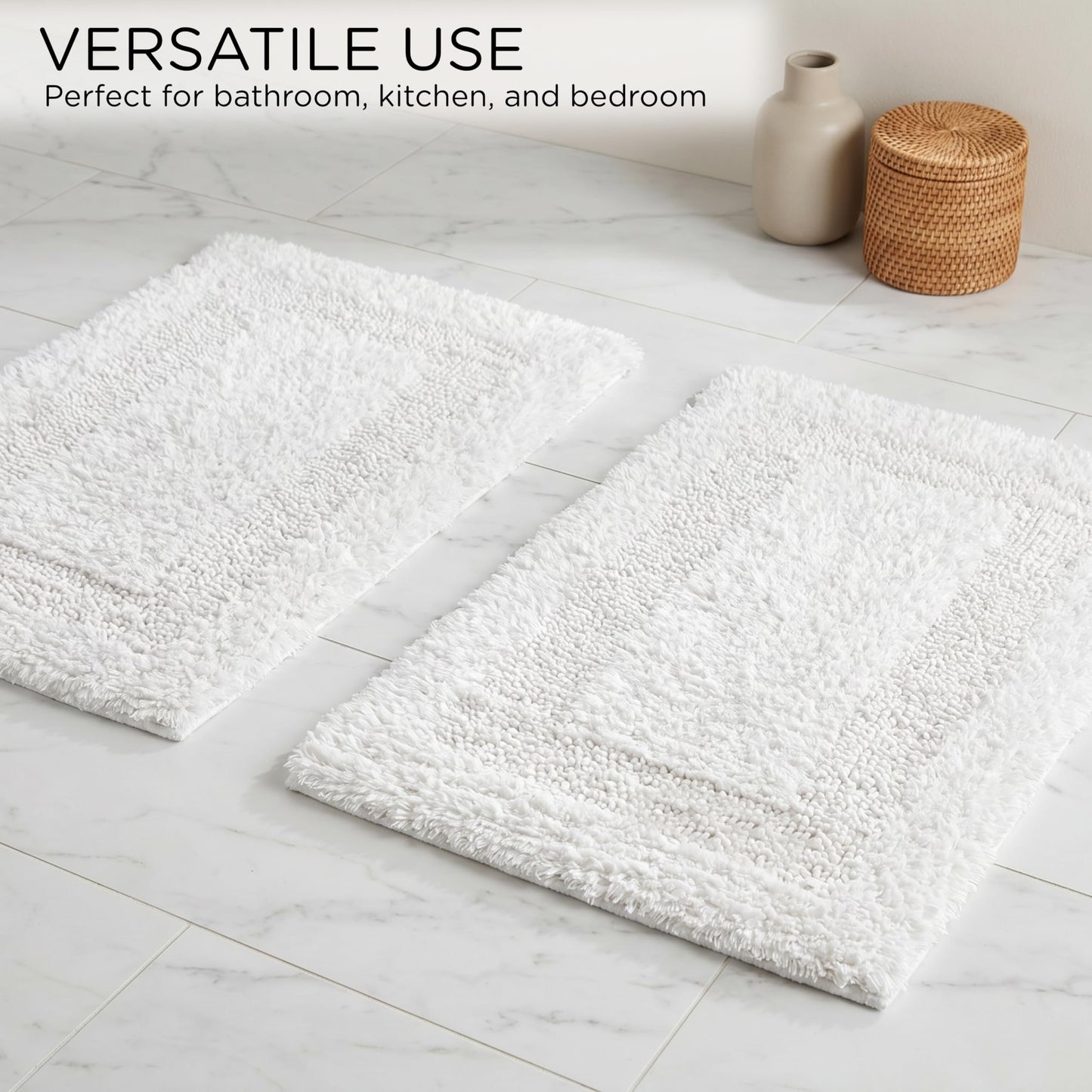 Cotton Reversible Bathmat Set of 2, 17x24 Inches - White, Super Soft Quick Dry Washable Bath Rugs Ideal for Bathroom, Kitchen, Vanity, Shower Area | Plush Soft Spa Style Hotel Quality Floor Mat