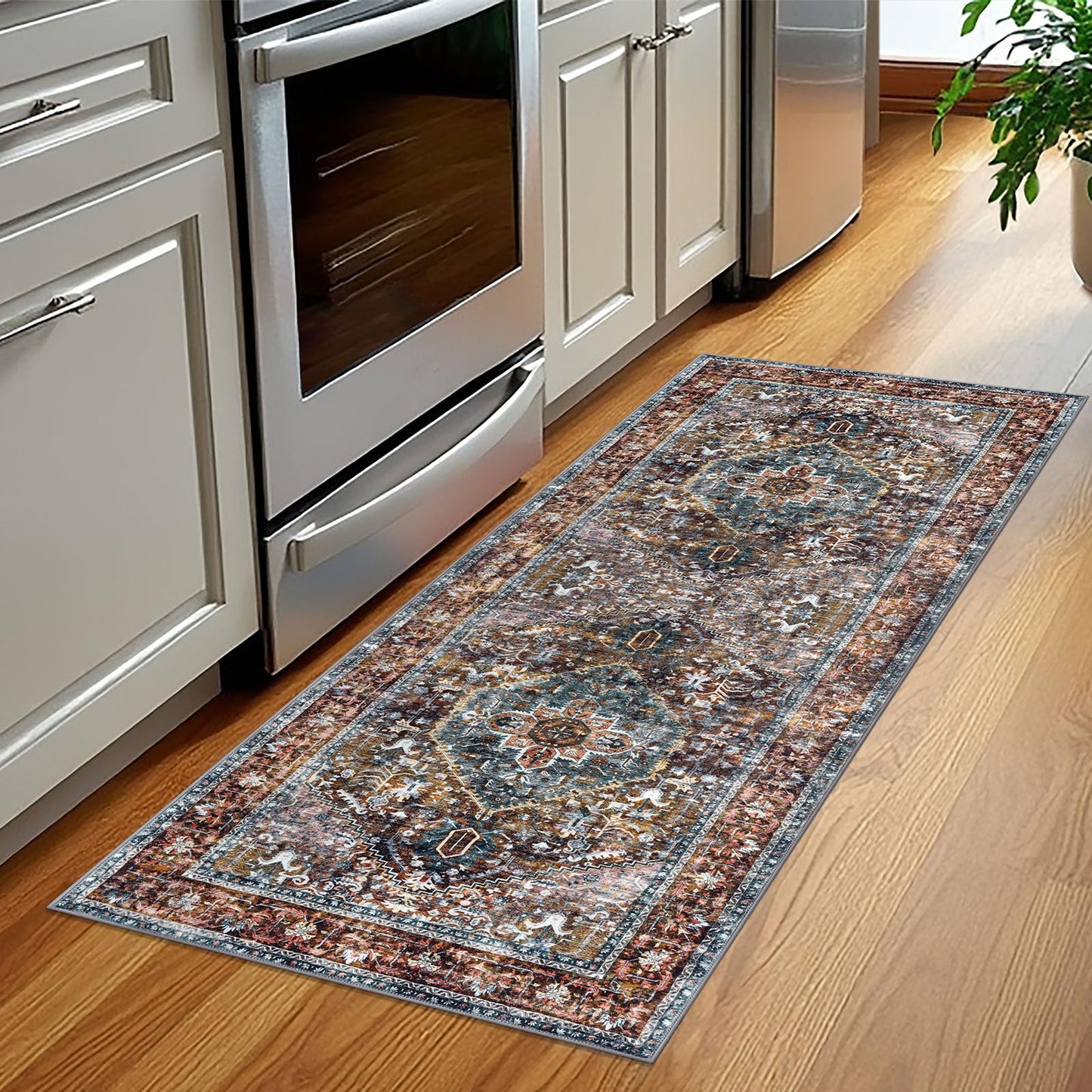 KOZYFLY Runners for Hallways 2x5 Ft Washable Kitchen Runner Rug Boho Runner Rug for Entryway Indoor Printed Oriental Faux Wool Floor Carpet Runner for Laundry Room Kitchen Hall, Brick Red/Orange/Green