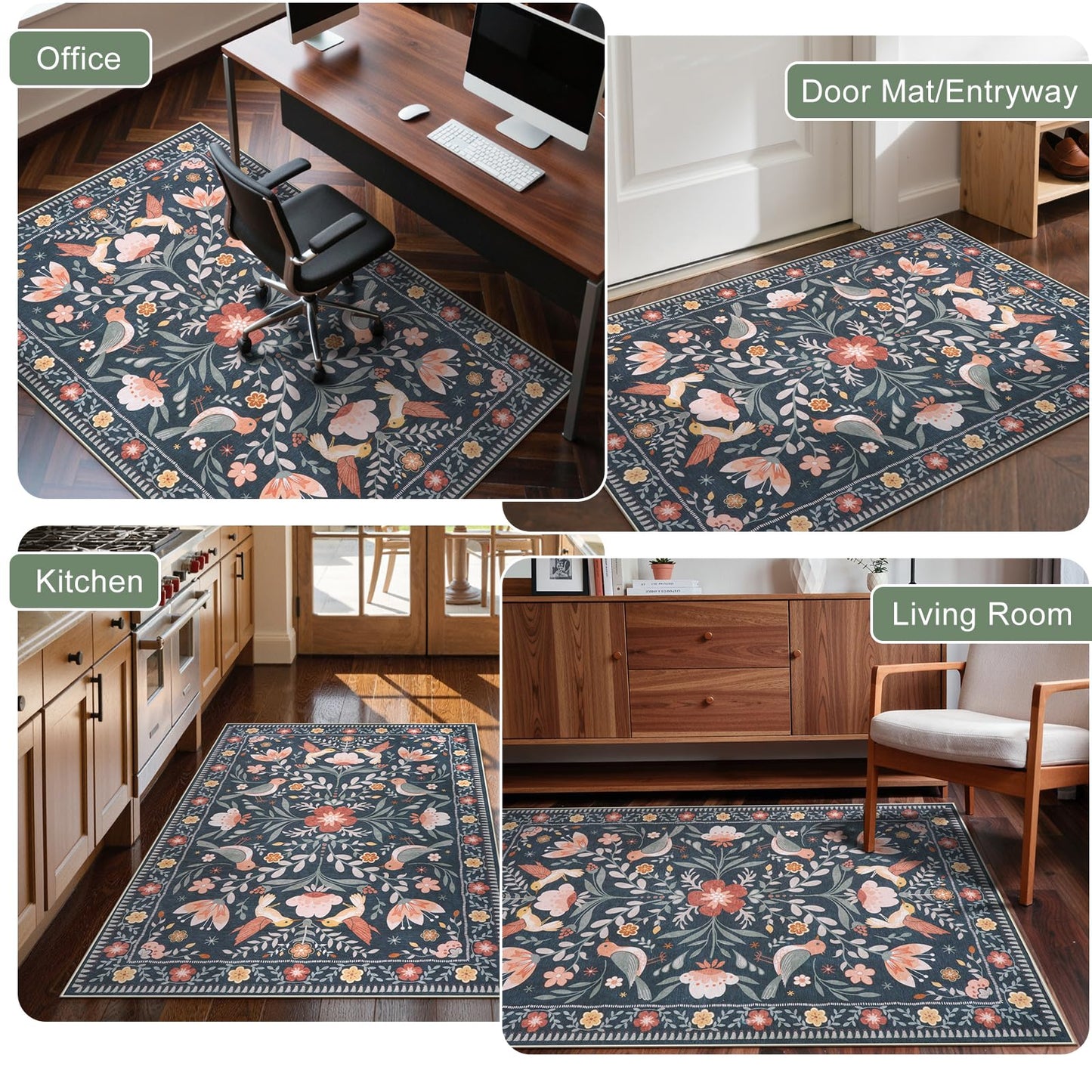 Anidaroel 48"x60" Office Chair Mat for Hardwood Floor/Tile, Black Floor Mat for Office Chairs, Anti-Slip Floral Under Desk Rug for Rolling Chairs, Bird Bug Low Pile Desk Chair Mats for Hardwood