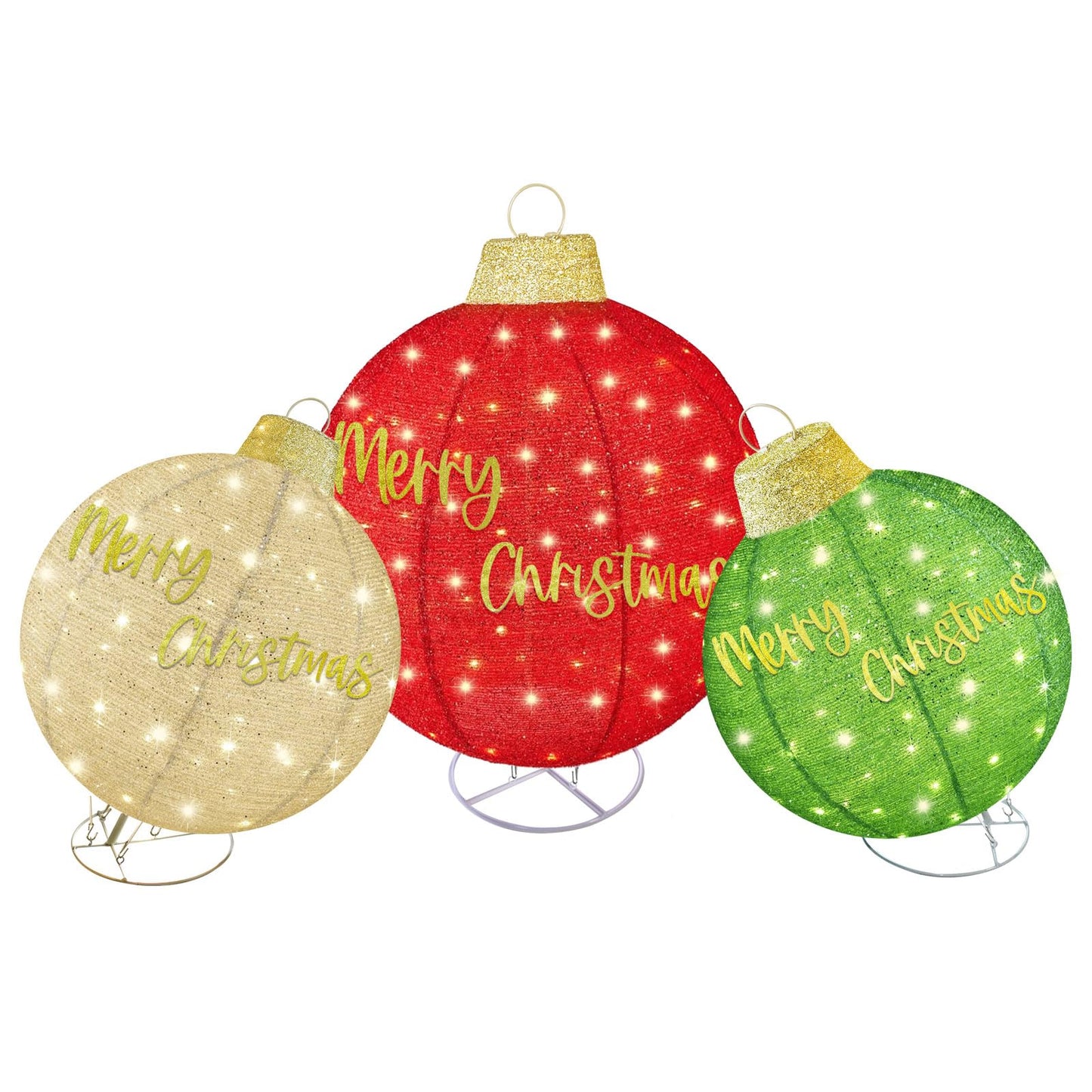 HOYECHI 3pc Lighted Pop-Up Outdoor Christmas Ornament Set – Holiday Ball Decorations with 290 LED Lights, 8 Lighting Modes, for Yard & Outdoor Christmas Decor - Red/Green/Gold
