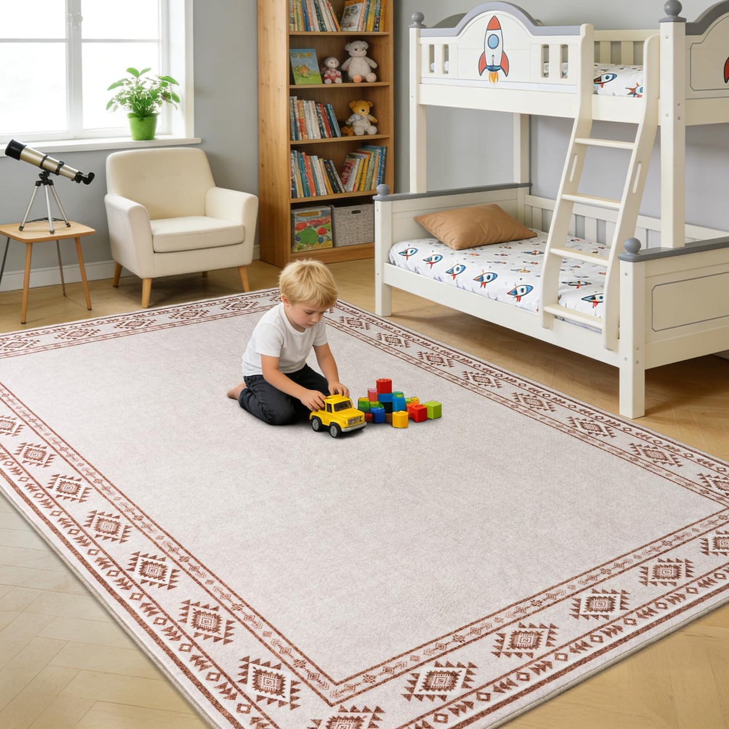 QDUIDU Large Area Rug for Bedroom Living Room, 4x6 Feet Ultra Soft Cream Rugs Washable Modern Geometric Bordered Non Slip Low Pile Carpets Home Decor