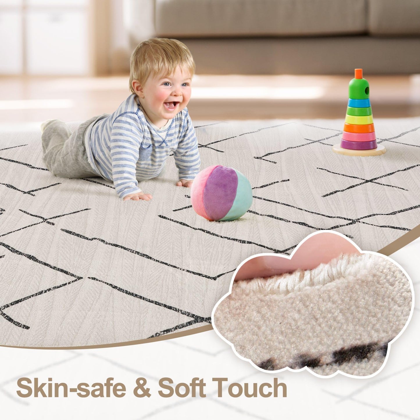 kakania 6x9 Washable Area Rug: Non Slip Soft Thin Carpet, Boho Geometric Modern Decor, Easy Clean Indoor Floor Rugs for Living Room Bedroom Kids Dorm Office Dining - Beige