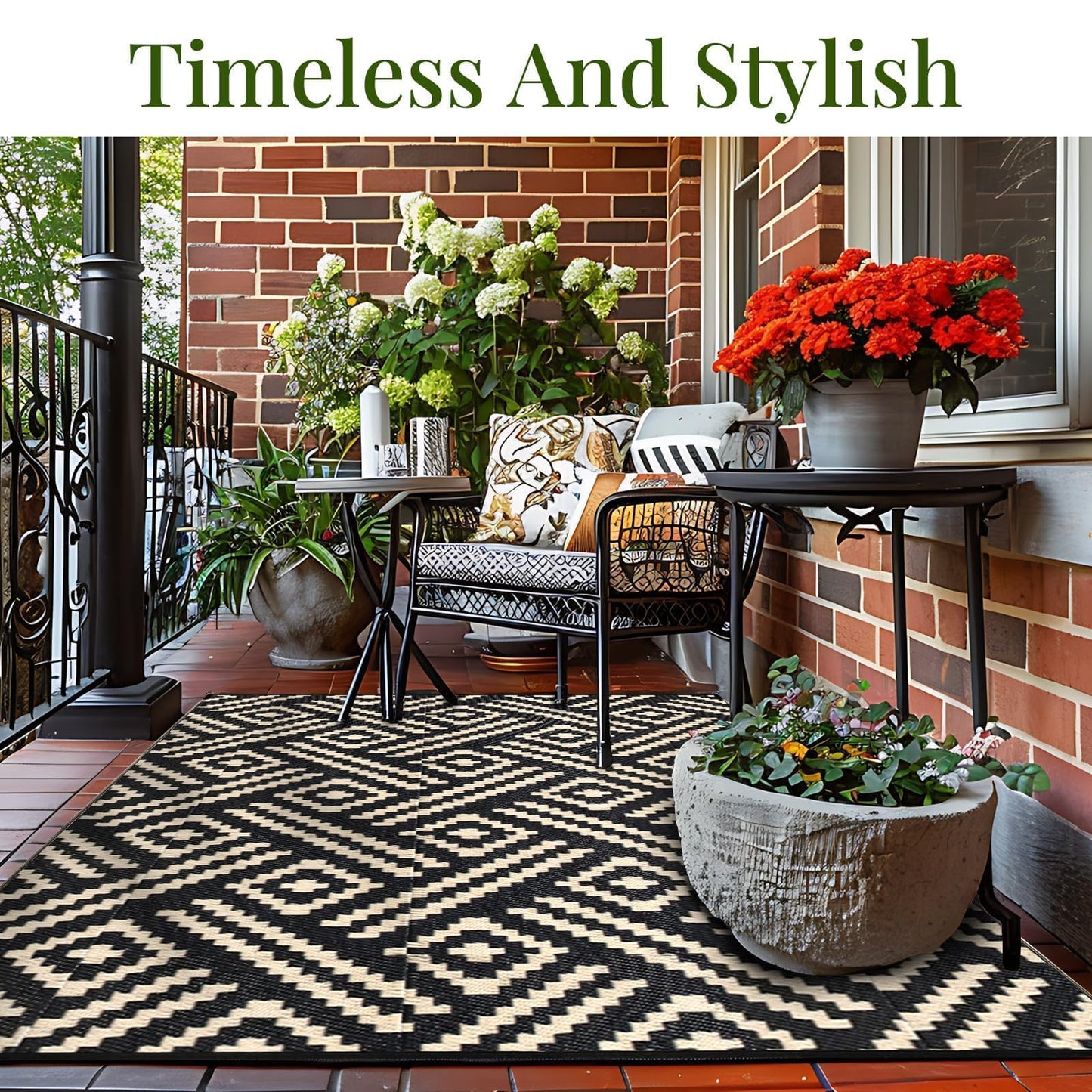 OPPODREAM Outdoor Rug 5x7 Ft, Waterproof Outdoor Plastic Straw Rug for Patio, Reversible Out Door Carpet for Camping, Deck, Rv, 5 x 7 Area Carpet for Balcony, Porch, Backyard, Black and Beige