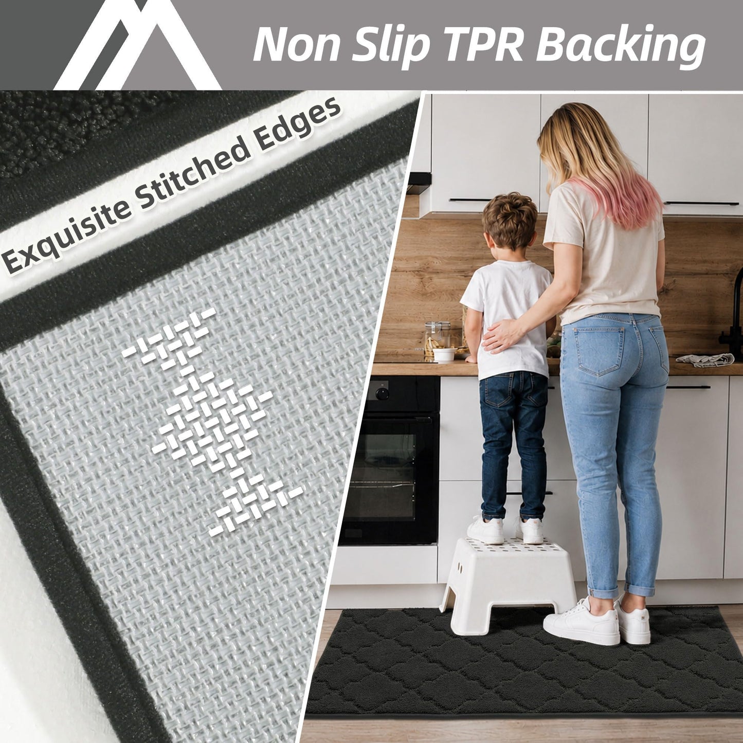 COSY HOMEER Soft Kitchen Rugs and Floor Mats for in Front of Sink Super Absorbent 20"x59" Non-Skid Standing Washable,Polyester,Black