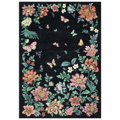 IDEALHOUSE Washable Area Rug, Soft Pearl Velvet Carpet, Non Slip Low Pile, Stain Resistance, Machine Washable Foldable Rug, Floral Pattern Modern, for Living Room, Bedroom, Dining Room, Black