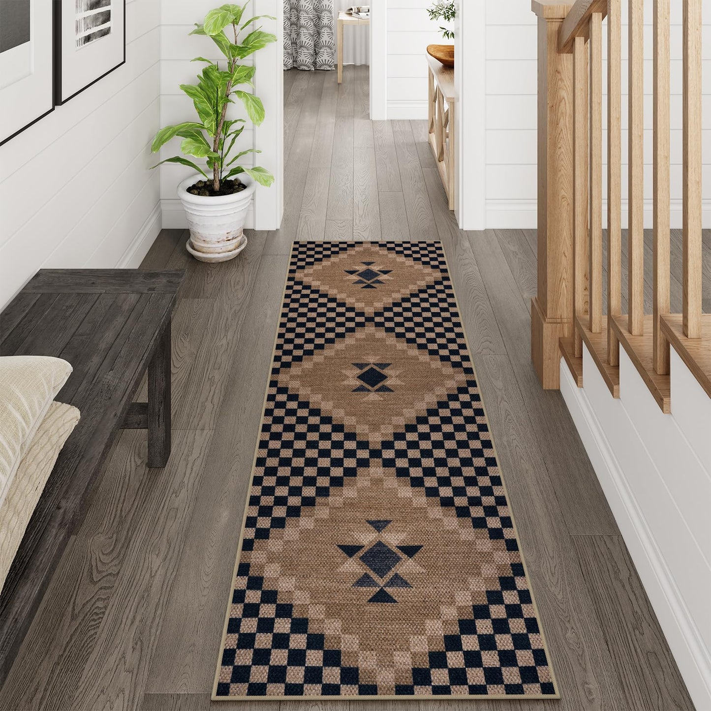 LIVEBOX Easy Jute Runner Rug for Entryway, 2x6 Runner Rug Kitchen Rugs Non Slip, Washable Black Checkered Indoor Runner Rugs for Laundry Room Bedroom, Carpet Runners for Hallway 6ft