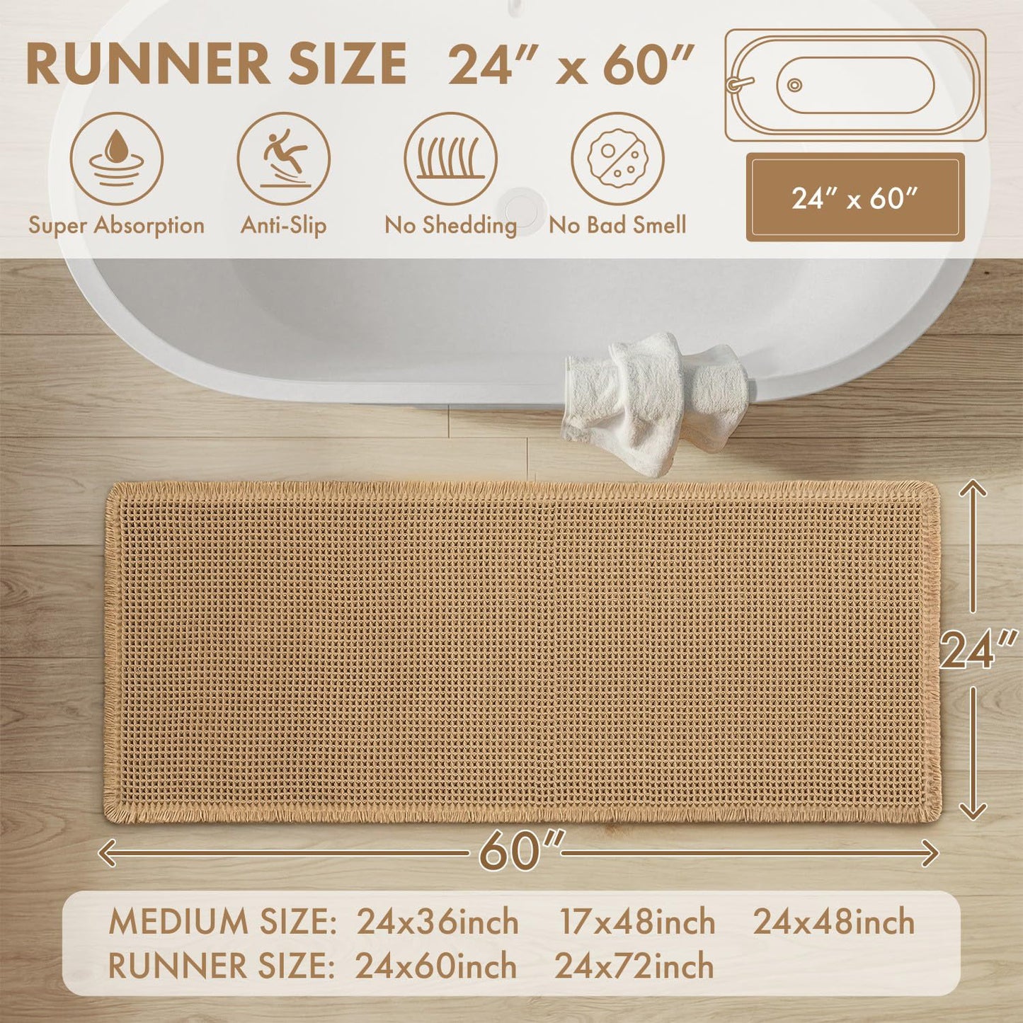 MIULEE Waffle Bathroom Runner Rugs, Super Absorbent Non Slip Bath Rug, Upgraded Soft Quick Dry Washable Boho Large Bath Mat with Tassels for Hallway Laundry Room Bedroom, 2'x5' (24"x60"), Brown