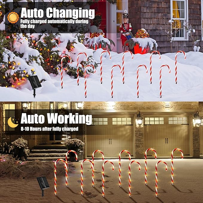 Christmas Decorations Outdoor, 10 Pcs Candy Cane Lights, 21'' Solar Pathway Lights with 8 Lighting Modes, Waterproof Garden Lights for Christmas Patio Yard Walkway Decorations