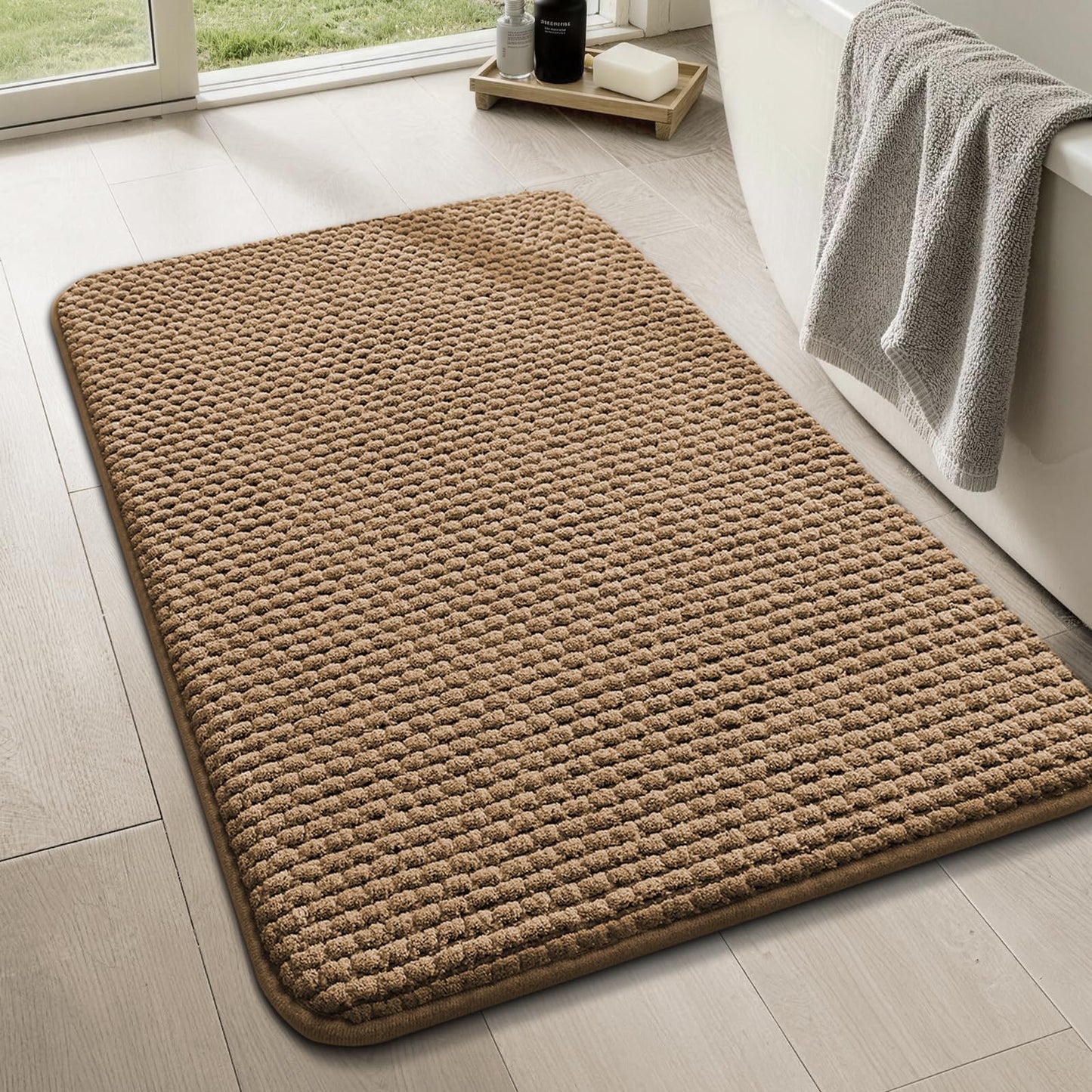 YIHOUSE Bathroom Rugs Set 2 Piece, Extra Soft Absorbent Chenille Bath Mat & U-Shaped Contour Toilet Rug, Non Slip Machine Washable Bath Mat for Shower Tub Sink, Beige