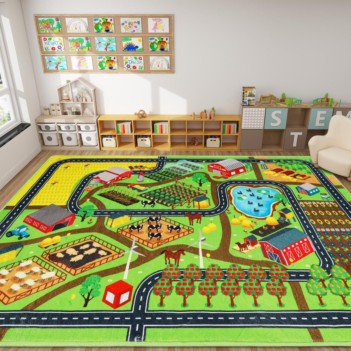 Mfmiudole Kids Rug for Car Toy Farm Track View, Large Play Rug 6'7" x 9'2" with Road Traffic Play Carpet Washable Educational Mat for Toddler Playroom Classroom Nursery (1-Farm Life, 110"×78.7")