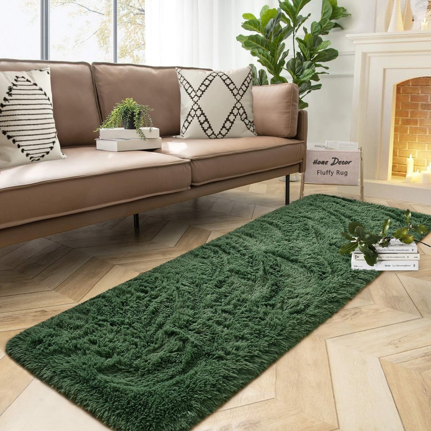 DweIke Fluffy Dark Green Runner Rugs for Bedroom, 2x6 Feet Soft Plush Long Runners for Girls Boys Kids, Non-Slip and Machine Washable Bedside Rug, Small Throw Carpet for Hallway Rooms Decor