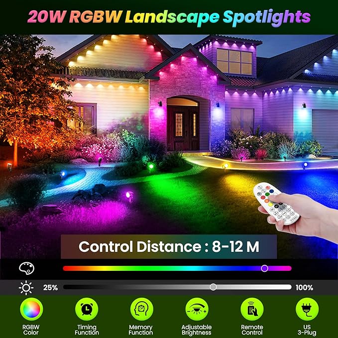 ZZXX 20W RGB Outdoor Spotlight Halloween 120V Color Changing Landscape Lights Waterproof LED Multicoloured Spotlights, Dimmable, Timer, Memory Function with US 3-Plug in (2 Pack)