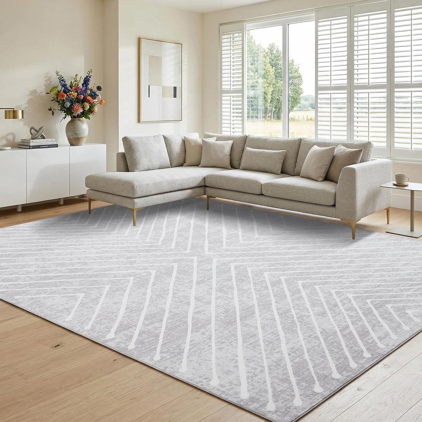 Garvee 8x10 Rugs for Living Room Geometric Rug for Bedroom Washable Rugs Contemporary Stain Resistant Easy Cleaning Non Slip Floor Cover for Dining Room Office Nursery, Light Grey