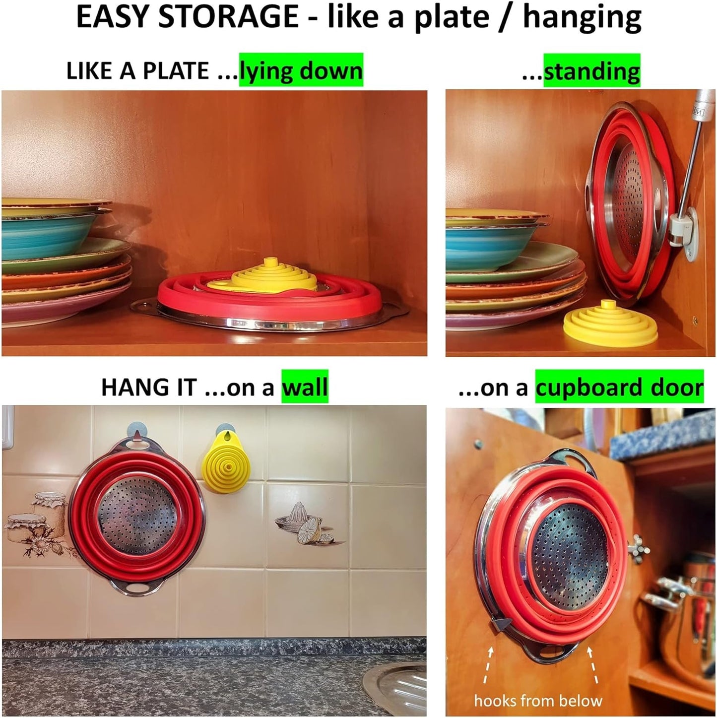 Collapsible Colander and Funnel - Stainless Steel Meets Red Silicone. RV Accessories for Inside, Camper Organization and Storage Idea, Motorhome, Camp or Travel Trailer, 5th Wheel, Boat, Small Kitchen
