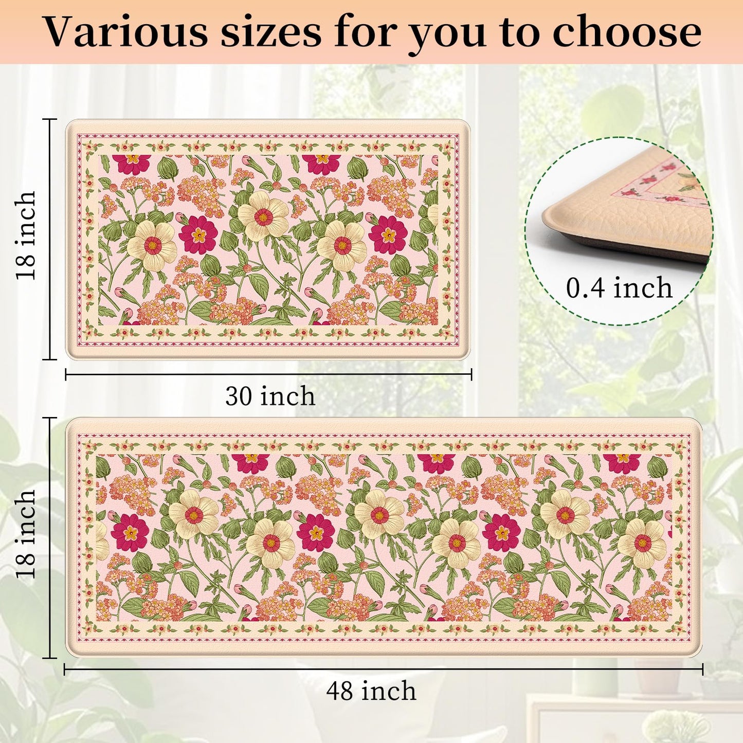 CHICNOOK Non-Slip Kitchen Mats, PVC Anti-Fatigue Kitchen Rugs Set of 2, Floral Runner Rugs for Kitchen Sink Area, Office, Hallway, Laundry, Entryway, Bedroom, 18x30,18x48 Inch,Pink