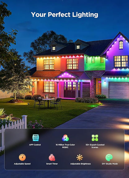 Permanent Outdoor Lights, 50FT with 32 Smart RGBIC LED Lights, DIY Scene Mode, IP68 Waterproof Christmas Lights for Daily and Accent Lighting, Outdoor Decor, House Roof, Holiday Decorations