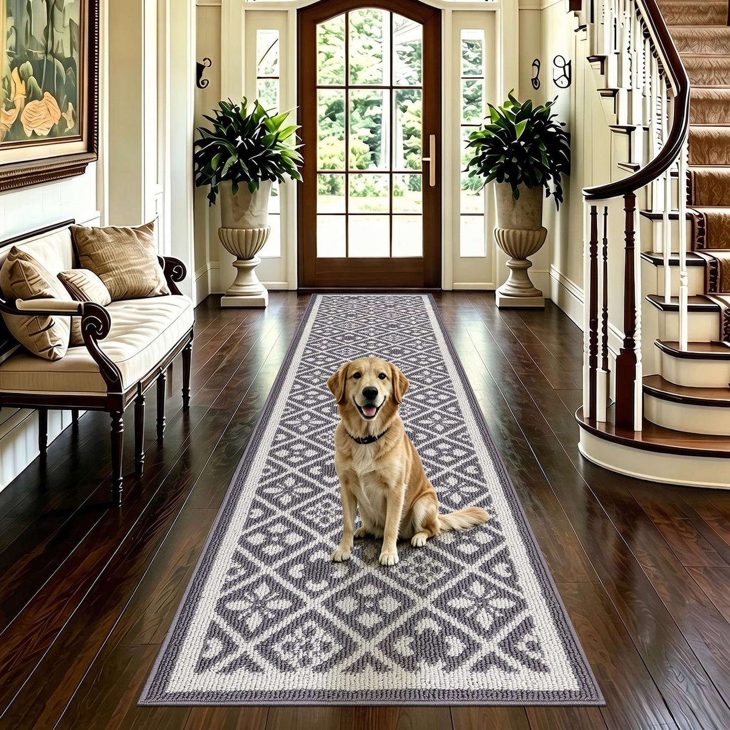 Ileading Hallway Runner Rug 2x10 ft,Washable Indoor Grey Entryway Carpet with Non Slip Rubber Backing,Low Pile Heavy Duty Kitchen Floor Mat for Entrance & High Traffic Areas