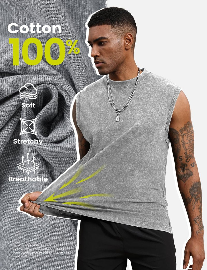 Yimoon Mens Tank Tops Workout Sleeveless Shirts Cotton Acid Wash Tees Loose Gym Muscle Shirts(BlackGreyKhaki-XL)