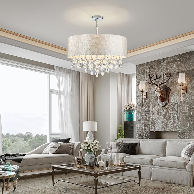 6-Lights Drum Capiz Shell Crystal Chandeliers, Coastal Style Pendant Light Fixture for Dining Room, Living Room, D24 x H23~71 inch(Adjustable), Shell Lampshade & Chrome Finish
