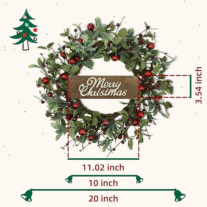 YNYLCHMX 20 Inch Christmas Wreath for Front Door, Winter Wreath with Welcome Sign Eucalyptus leaves Red Berry, Artificial Door Xmas Wreaths for Window Wall Fireplace Farmhouse Holiday Party Decoration