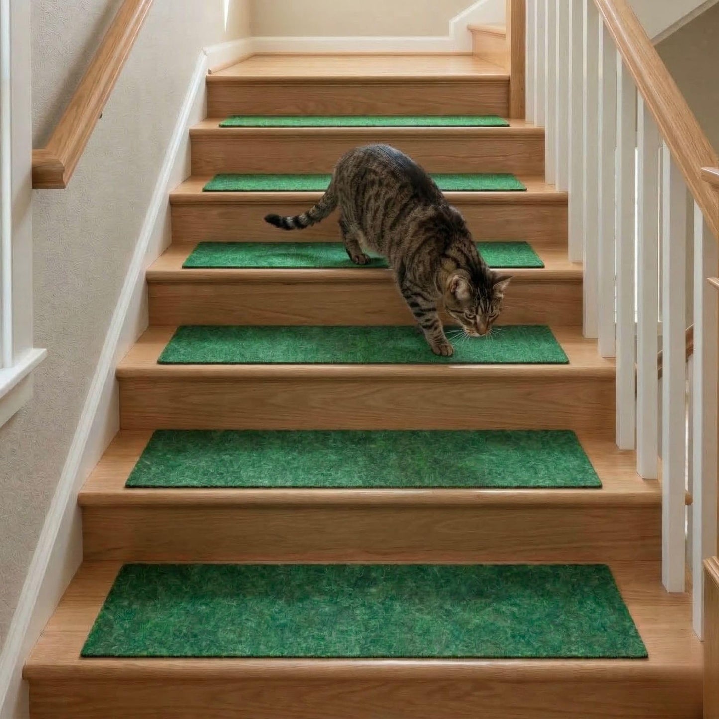 Ottomanson Non-Slip Stair Treads for Wooden Steps – Set of 7 Low-Profile Stair Mats with Rubber Backing, Indoor Staircase Protection for Kids & Pets – Dirt-Trapping Step Covers, 8" x 30", Green