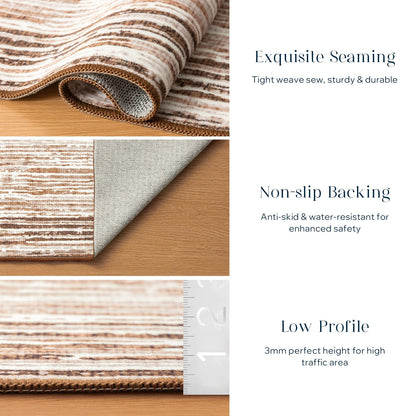Phantoscope Washable Area Rug 5'x7' Non-Slip, Modern Neutral Boho Rugs for Living Room, Bedroom, Dining Room, Distressed Geometric Rectangle Pattern, Low-Pile Foldable Floor Carpet, Neutral Beige/Rust