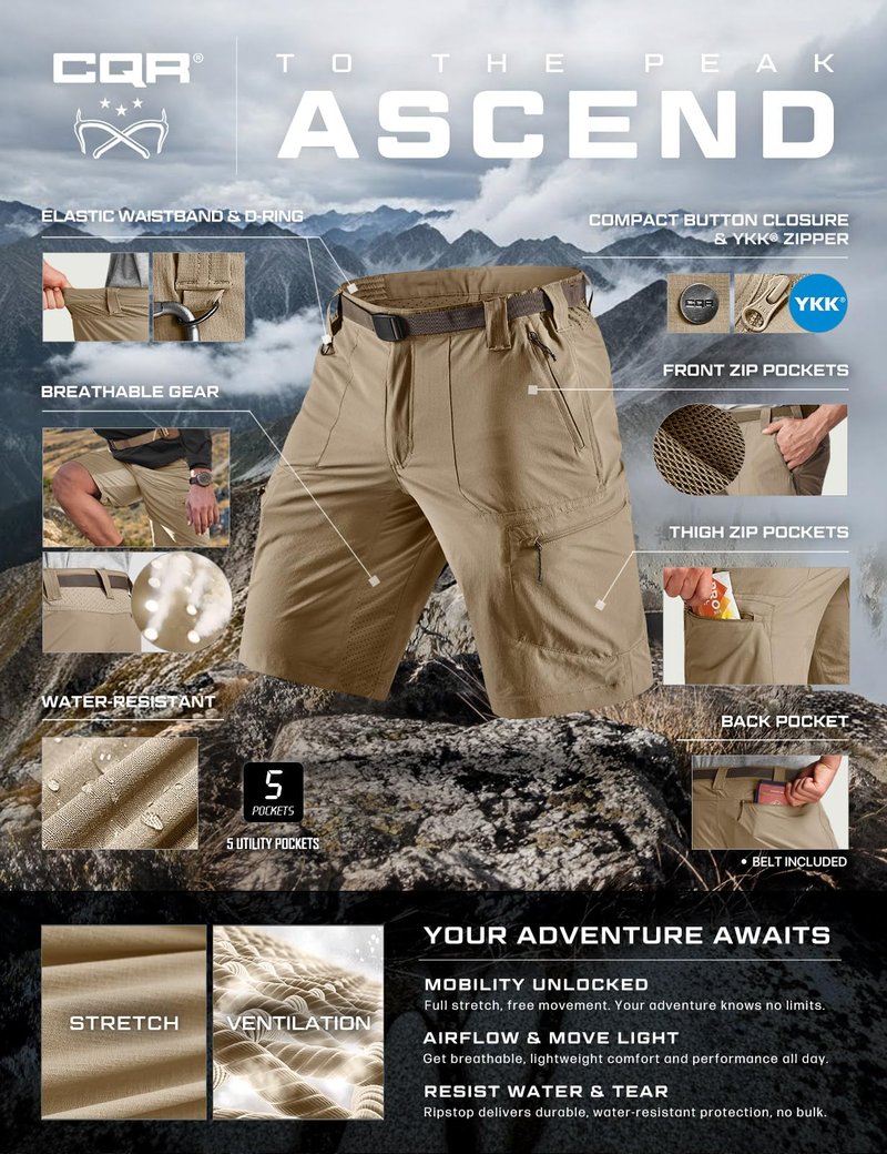 CQR Men's Quick Dry Stretch Hiking Cargo Shorts, Lightweight Water Resistant Tactical Casual, Golf & Outdoor with Pockets, Peak Alamo Khaki, 34W x 10L