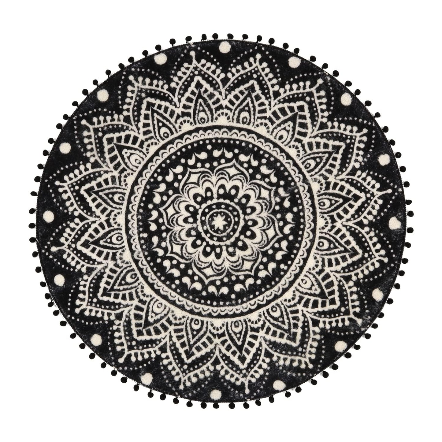 Uphome Boho Round Rug for Living Room 4' Circular Black Mandala Area Rug with Pom Poms Fringe Washable Cute Bohemian Accent Throw Rugs Non-Slip Soft Floor Mat for Bedroom Sofa Kids Room Nursery