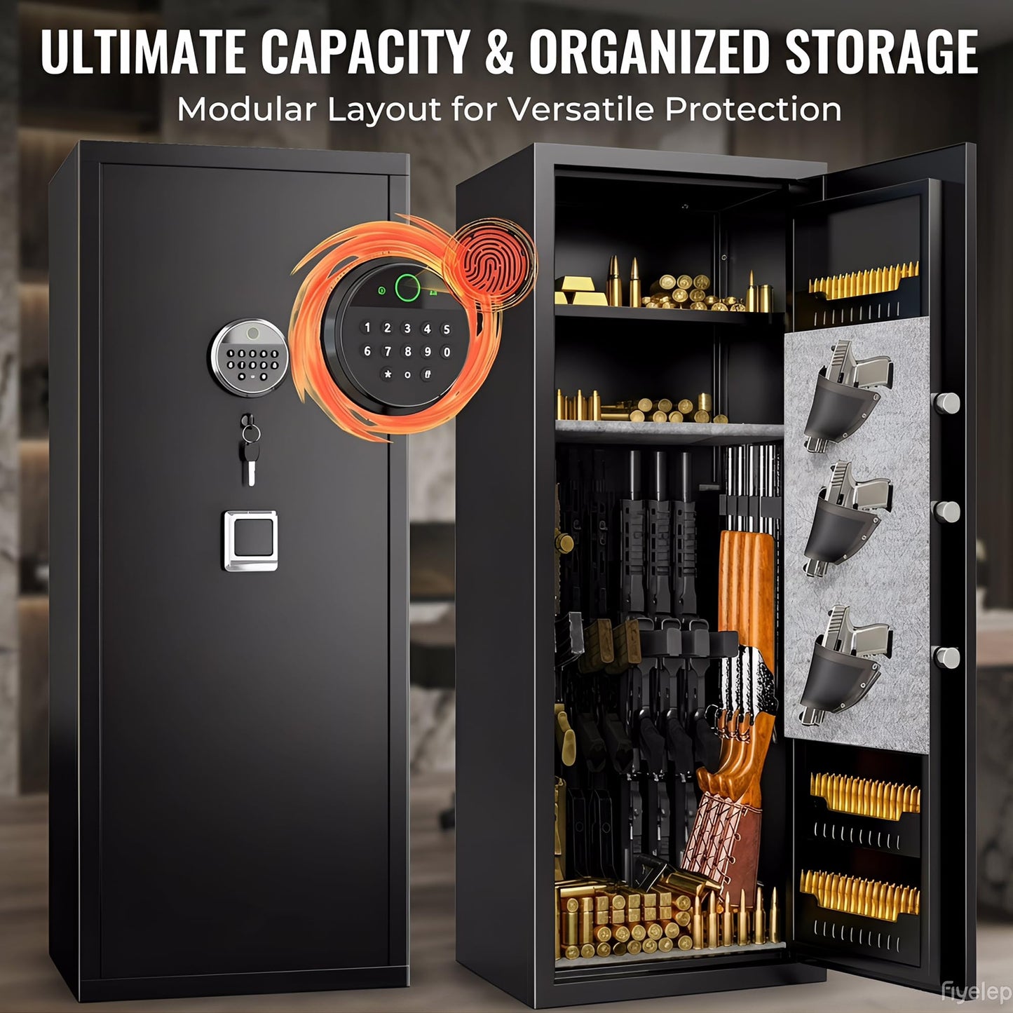 Gun Safe,Rifle Safe With Biometric Gun Safe, Heat-Resistant Heavy Duty Gun Safes, Large No-Assembly Rifle Safe for Home Defense with Adjustable Shelves, Black