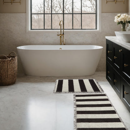 MatEssenz Bathroom Rugs Sets 2 Piece Absorbent Quick Drying Machine Washable,Non Slip, Bathroom Accessories, 17"x24"+18"x30", Black and White Stripes