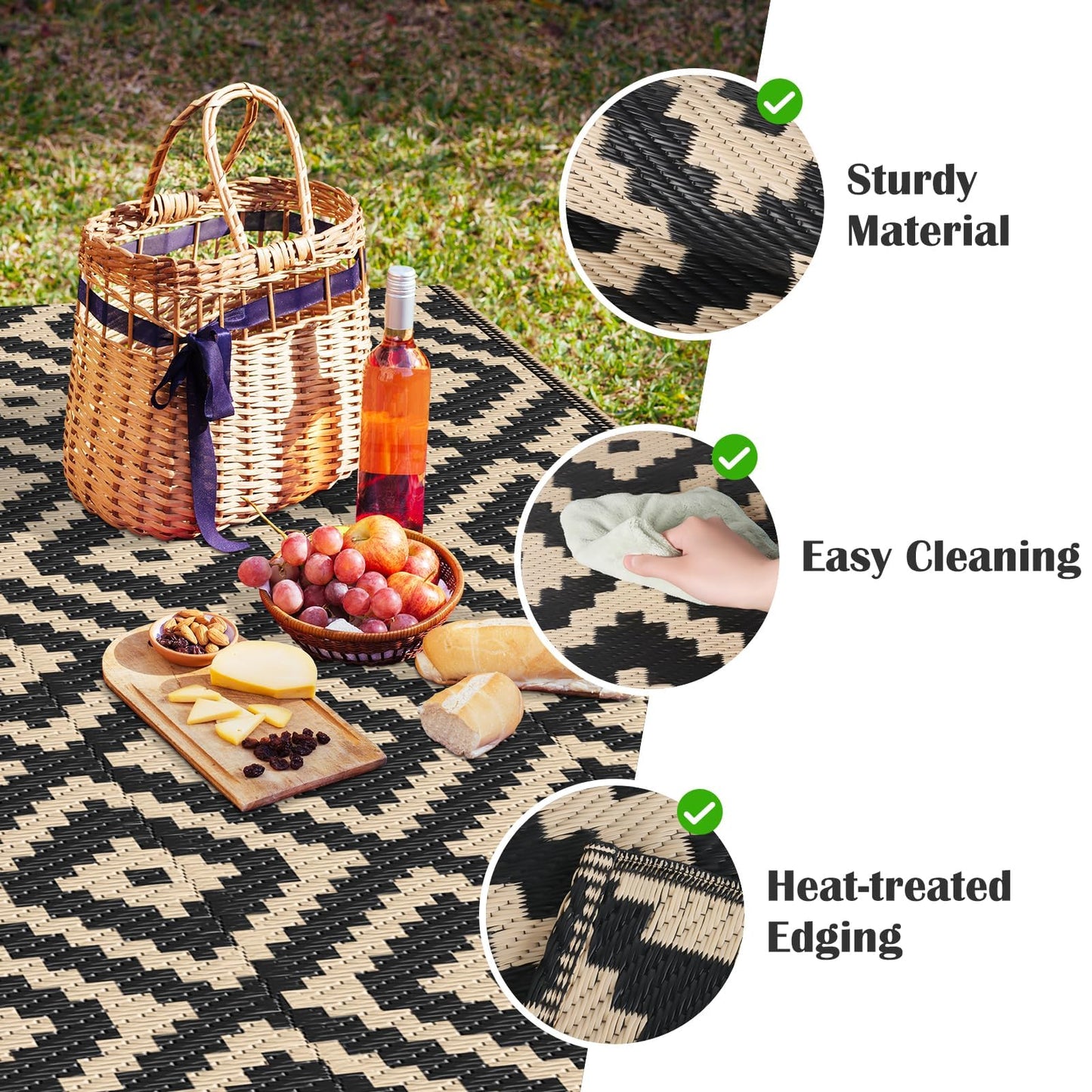 Mattitude Waterproof Outdoor Rug 5x8 Ft Outdoor Plastic Straw Rug Reversible Patio Rug Large Outdoor Carpet Area Rug for Patio Backyard Picnic Beach Camping RV Black & Beige