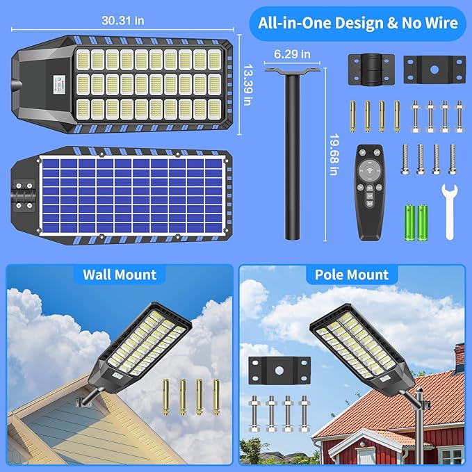 Solar Lights Outdoor 9000W, Commercial Grade Street Light for Outside 480000 Lumens, Solar Parking Lot Lights, Dusk to Dawn LED Security Flood Light Motion Sensor with Remote Control, 2 Pack