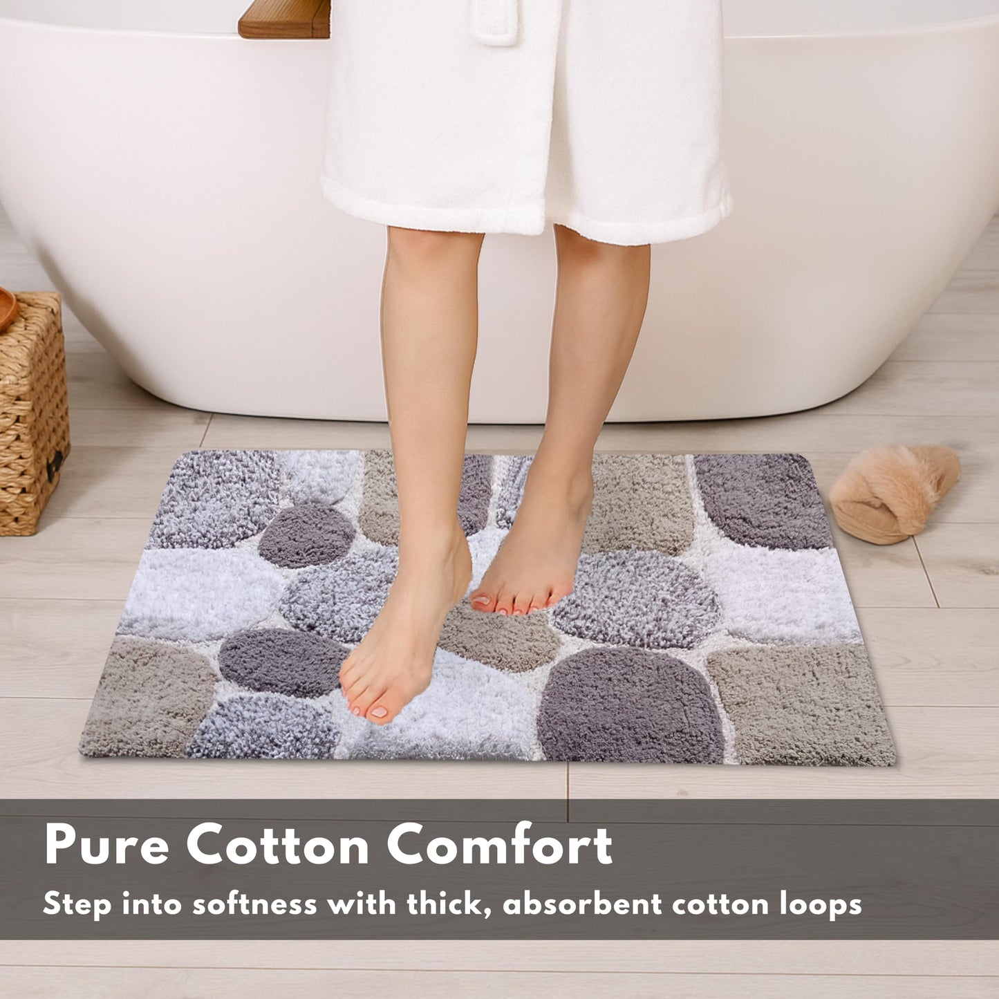 Ramanta Home Pure Cotton Pebble Stone Bath Rug Set of 2 - Light Grey, Super Soft Anti Skid Absorbent Bath Rug for Bathroom, Kitchen, Shower, Bath Tub, Machine Washable - 21x32 & 17x24 Inch