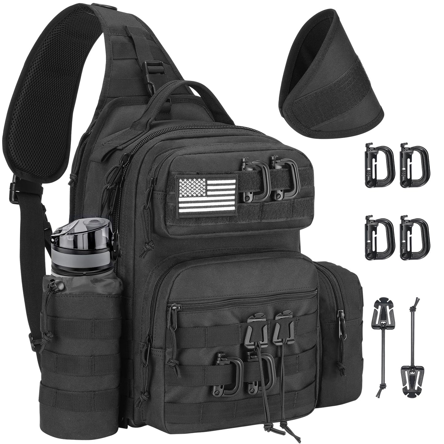 CVLIFE Tactical Sling Bag Backpack for Men Military Shoulder Sling Bag Molle Detachable Tactical Bag with Bottle Holder Hidden Pocket Daily Day Pack Work Bag for EDC Hiking, Black
