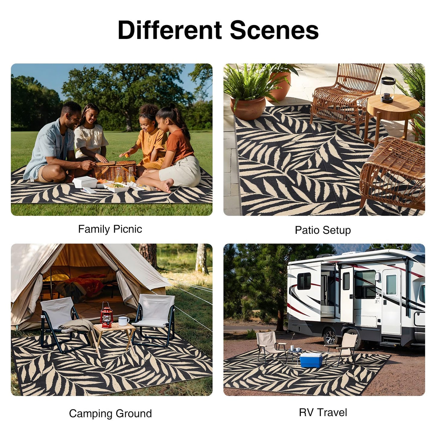 OLANLY Waterproof Outdoor Rug 6x9 ft, Reversible Outdoor Plastic Straw Rug with Leaf Pattern, RV Mat, Indoor Outdoor Carpet for Patio, Camping, Balcony, Deck, Backyard, Black & Beige