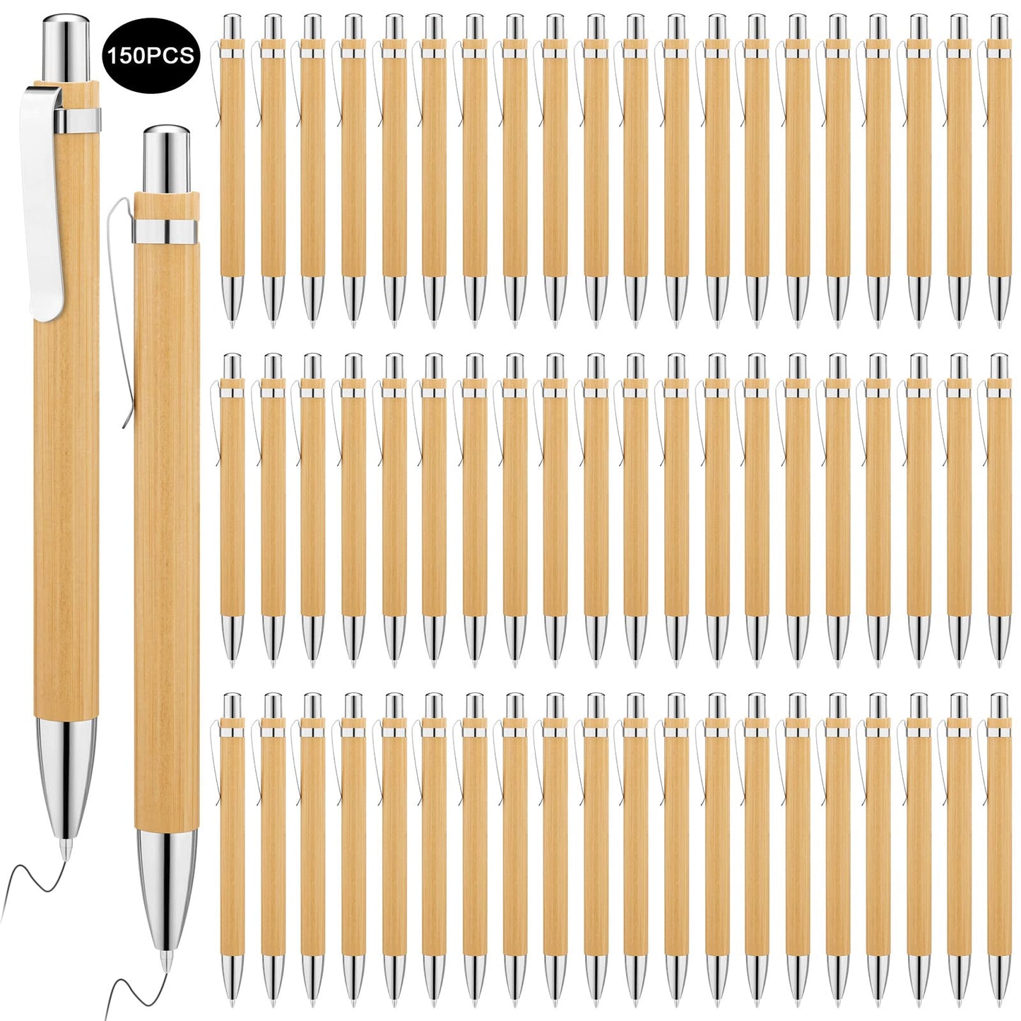 SATINIOR 150 Pcs Bamboo Ballpoint Pens Wooden Retractable Ballpoint Pen Bamboo Black Ink 1mm Pen Wood Sustainable Pens for Men Women Employee Writing Signature Journaling Home Office School