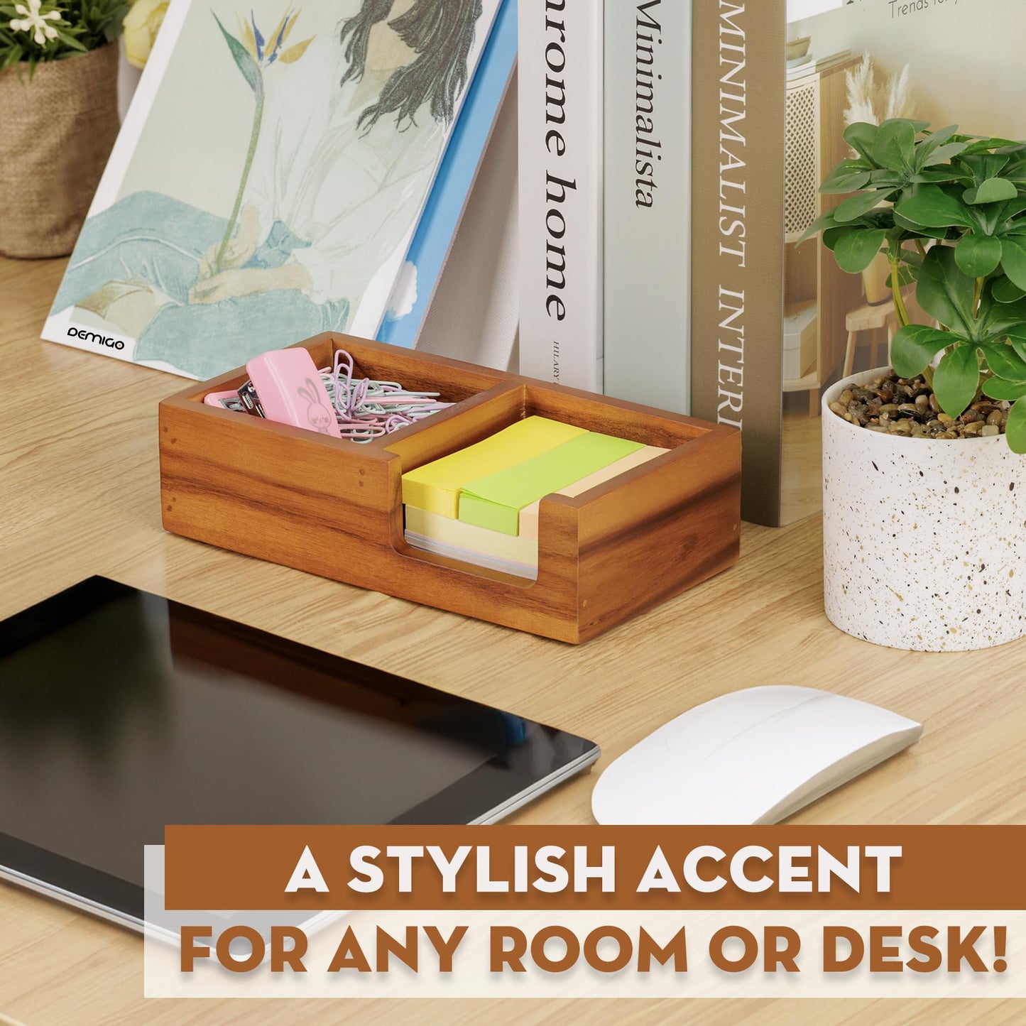 Demigo Wooden Sticky Note Holder for Desk – Solid Acacia Wood Organizer for 3x3 Note Pads, Paper Clips, Office Supplies – Compact Memo Pad Holder for Home Office, Teachers