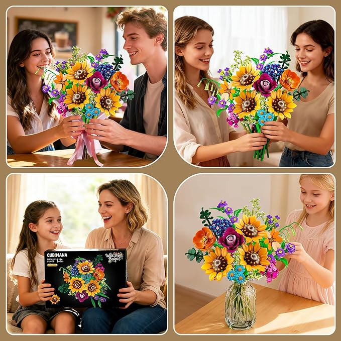 Wild Flowers Bouquet Building Set with Lights - 912PCS Wildflower 18 Botanicals Collection Building Blocks Sunflower Rose Plants Home Decor Easter Gift for Her Mom Women Adults Girls 12+