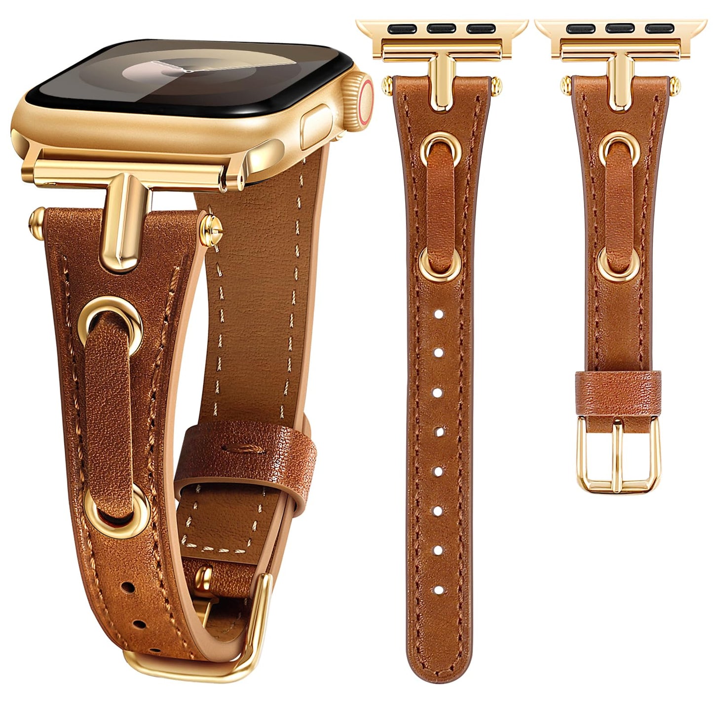 Brown Black Leather Band Compatible Apple Watch Gold Strap Women 38mm 40mm 41mm 42mm 44mm 45mm 46mm 49mm,Dressy Silver Slim Thin White Wristband for iPhone Watch Band Series 10 9 8 7 6 5 4 3 2 1 SE (Ultra 1 2)