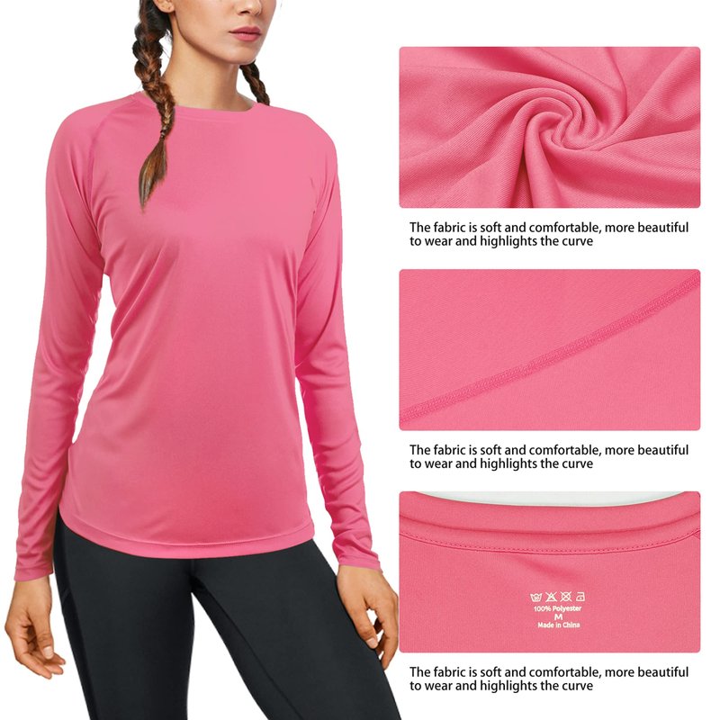 isnowood Swim Shirts for Women, UPF 50+ UV Sun Protection Long Sleeve Shirt, Lightweight Quick Dry Workout Hiking Running Rash Guard Top Bright Pink
