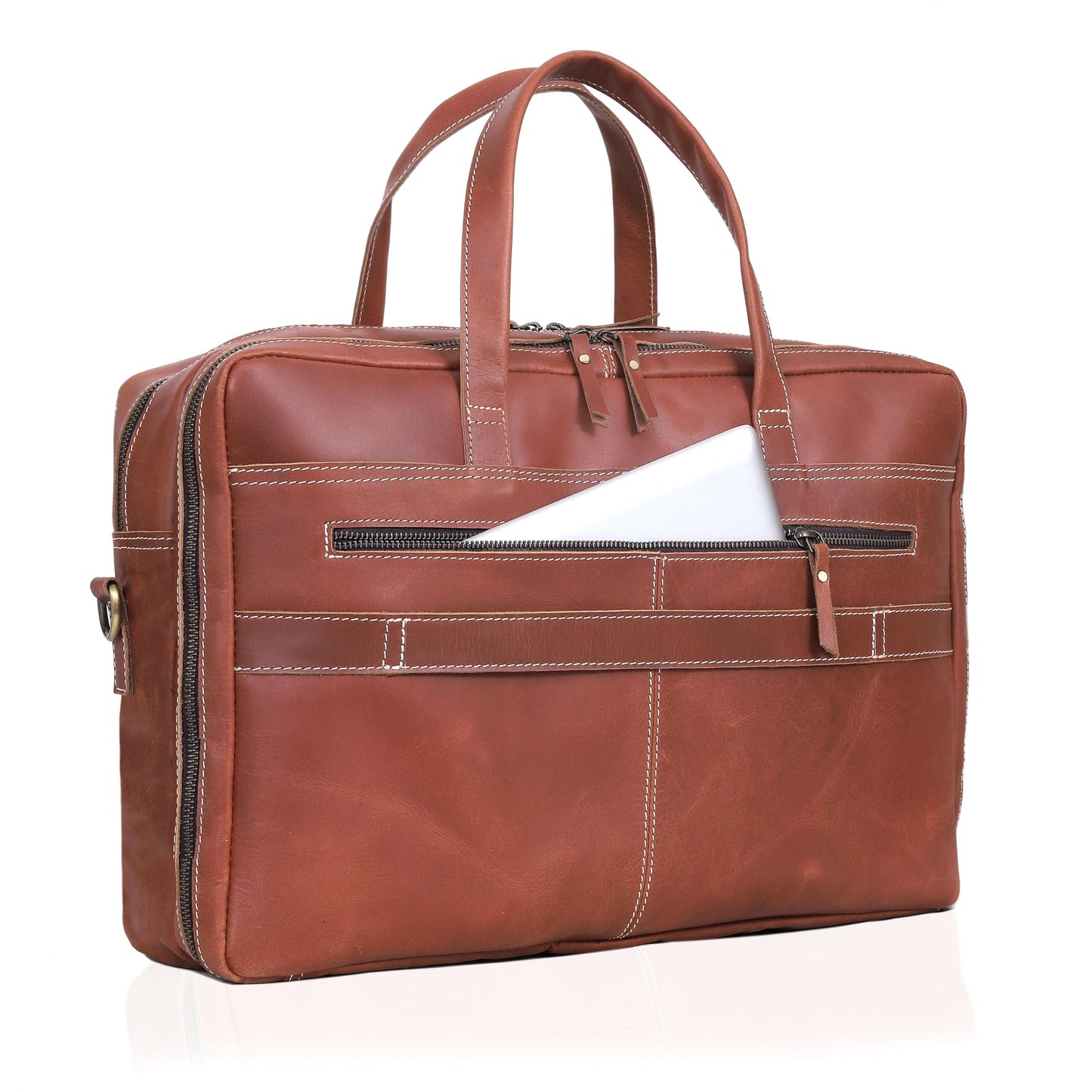 HLC 18 Inch Full Grain Leather Briefcase messenger shoulder bags for men and women (tan, 16 inch)