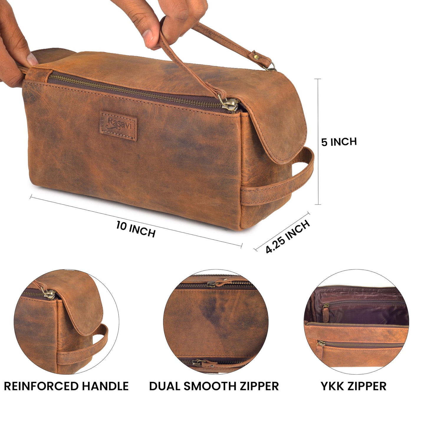 Rasavi Genuine Leather Travel Toiletry Bag for Men & Women, Handcrafted Vintage Dopp Kit, Water-Resistant Shaving & Bathroom Essentials Organizer - Distressed Brown