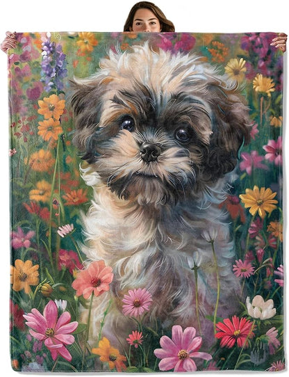 Shih Tzu Flower Throw Blanket for Boys Girls Kids Adults Women, Fuzzy Warm Soft Cozy Flannel Blankets Gifts for Bedroom, Couch, Travel, Home Decor 40x50 in
