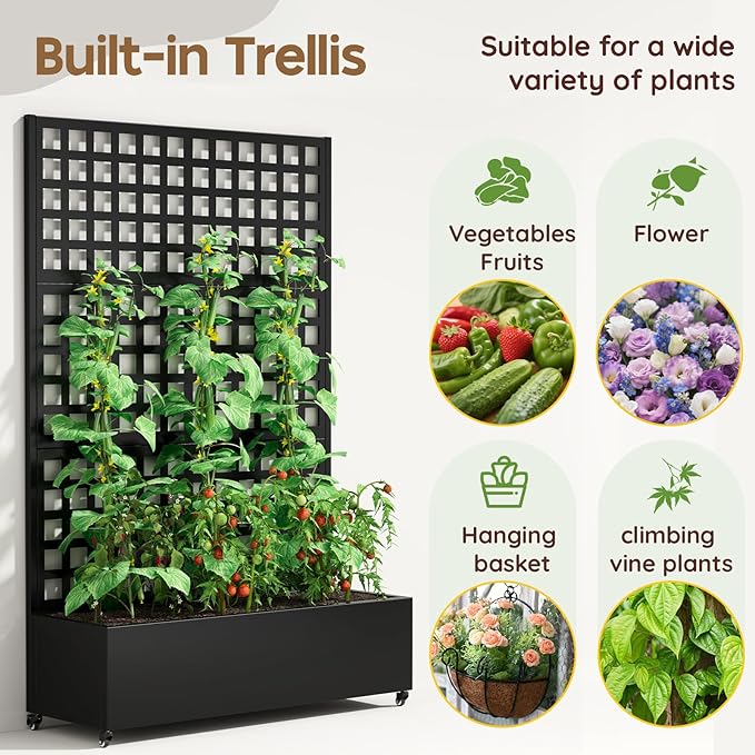 Metal Raised Garden Bed with Trellis & Wheels,72" x 47"x 15.7" Planter Box with Trellis,Privacy Planters for Patio,Garden Bed for Climbing Plants,Suitable for Climbing Plants and Vegetables,Black
