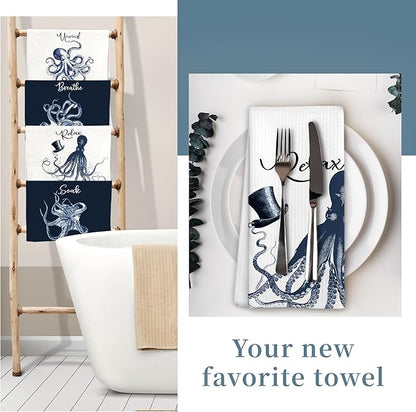Navy Blue Octopus Coastal Beach Hand Towels, Ocean Octopus Unwind Breathe Relax