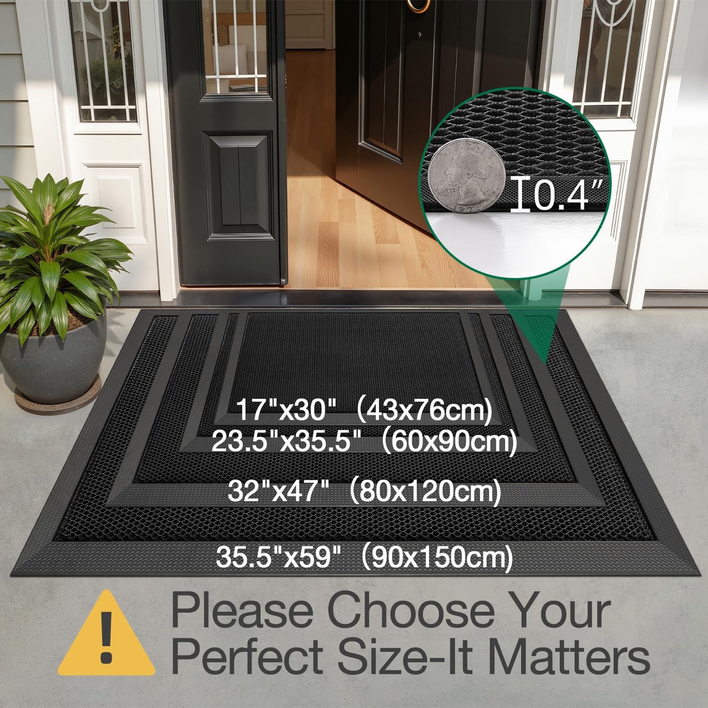 LUMI Front Door Mat for Outside Entrance 23.5''x35.5'', Heavy-Duty Dirt-Trapping Doormat with Durable Non-Slip Rubber Backing, Stain & Fade-Resistant Entry Mats, Black