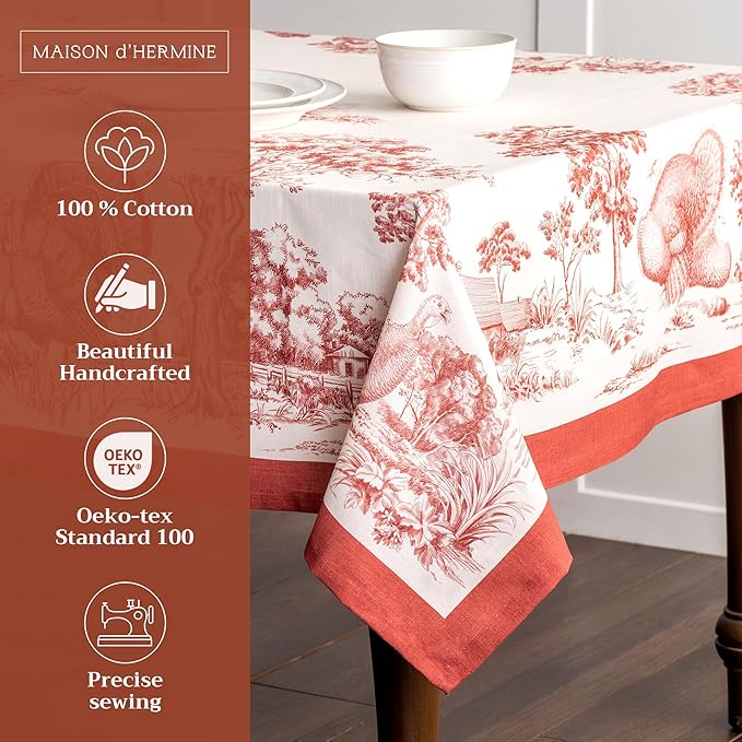Maison d' Hermine Table Cloth Rectangle Table 100% Cotton 60 x 108 Inches Fall Tablecloth Reusable Everyday Use for Thanksgiving Christmas Decorations Dining Farmhouse Party (Holy Jouy - Red)