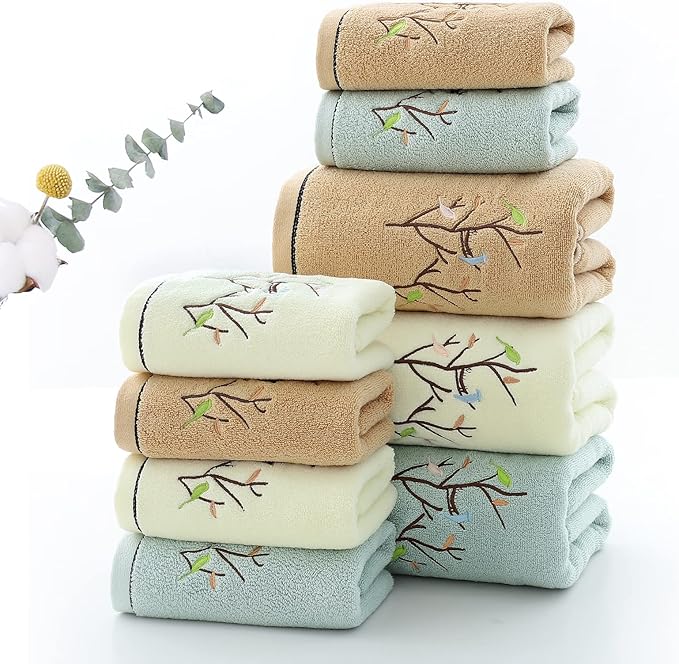 Pidada Hand Towels Set of 4 Embroidered Bird Tree Pattern 100% Cotton Absorbent