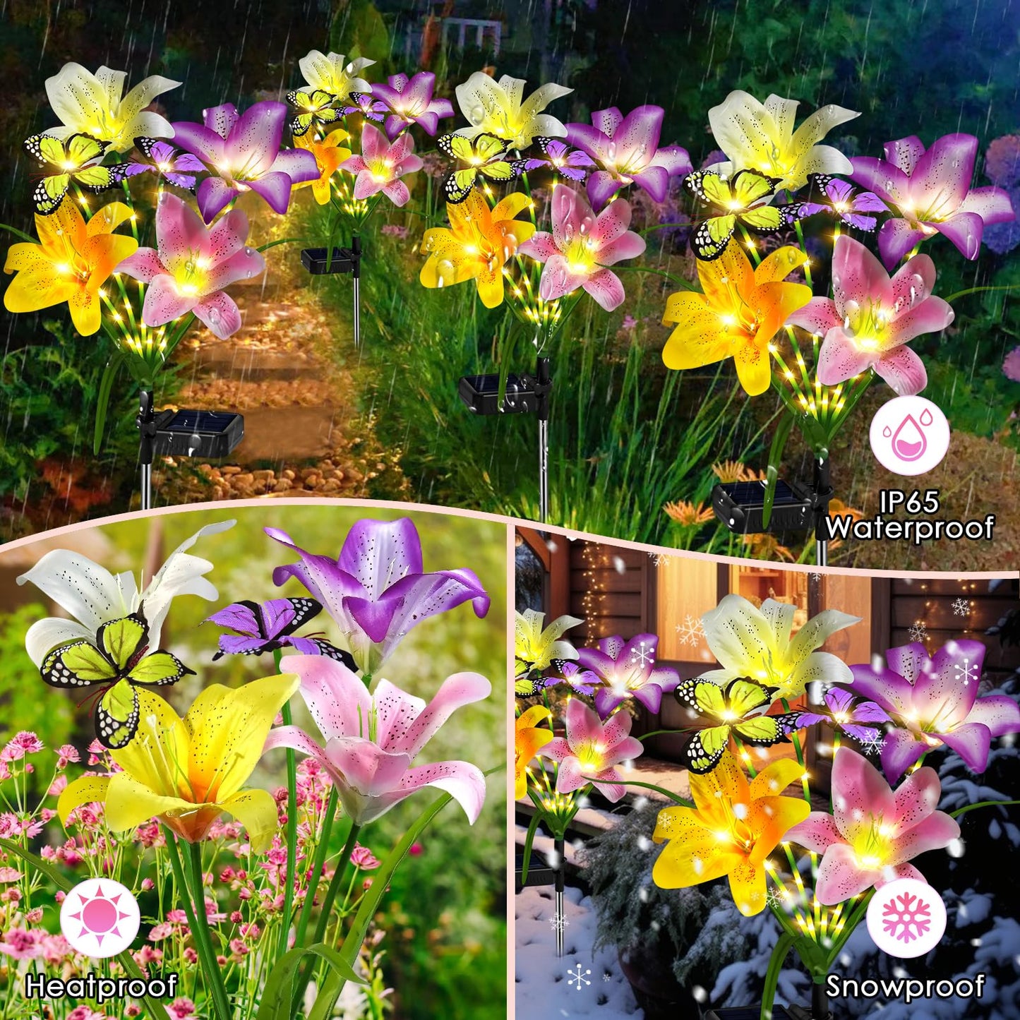 ostritec Solar Garden Lights Outdoor, 4 Pack Flower Lights for Outside, 16 Solar Lilies with Butterflies, Waterproof Garden Decor for Yard, Patio, Gifts for Women Mom (4 pcs Lilies)